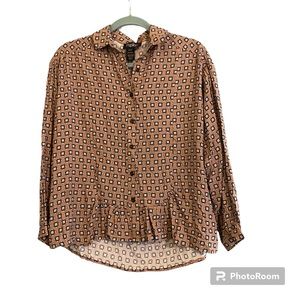 NWT Papillon Hi Lo Hem Long Sleeve Beige Pattern Button Up Shirt Sz XS